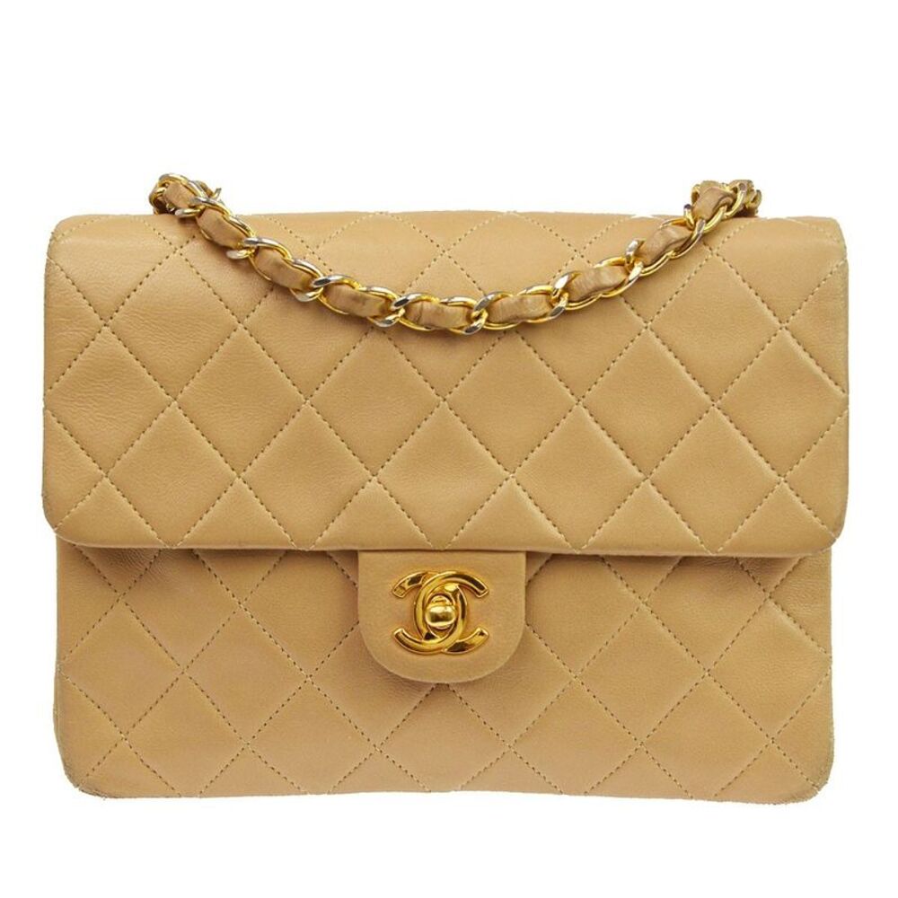 Chanel Vintage Square Classic Single Flap Quilted Lambskin Beige Leather Handbag